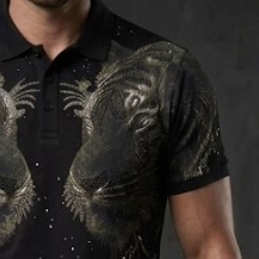 premium style Twin Tiger Graphic Rhinestone Polo T-Shirt