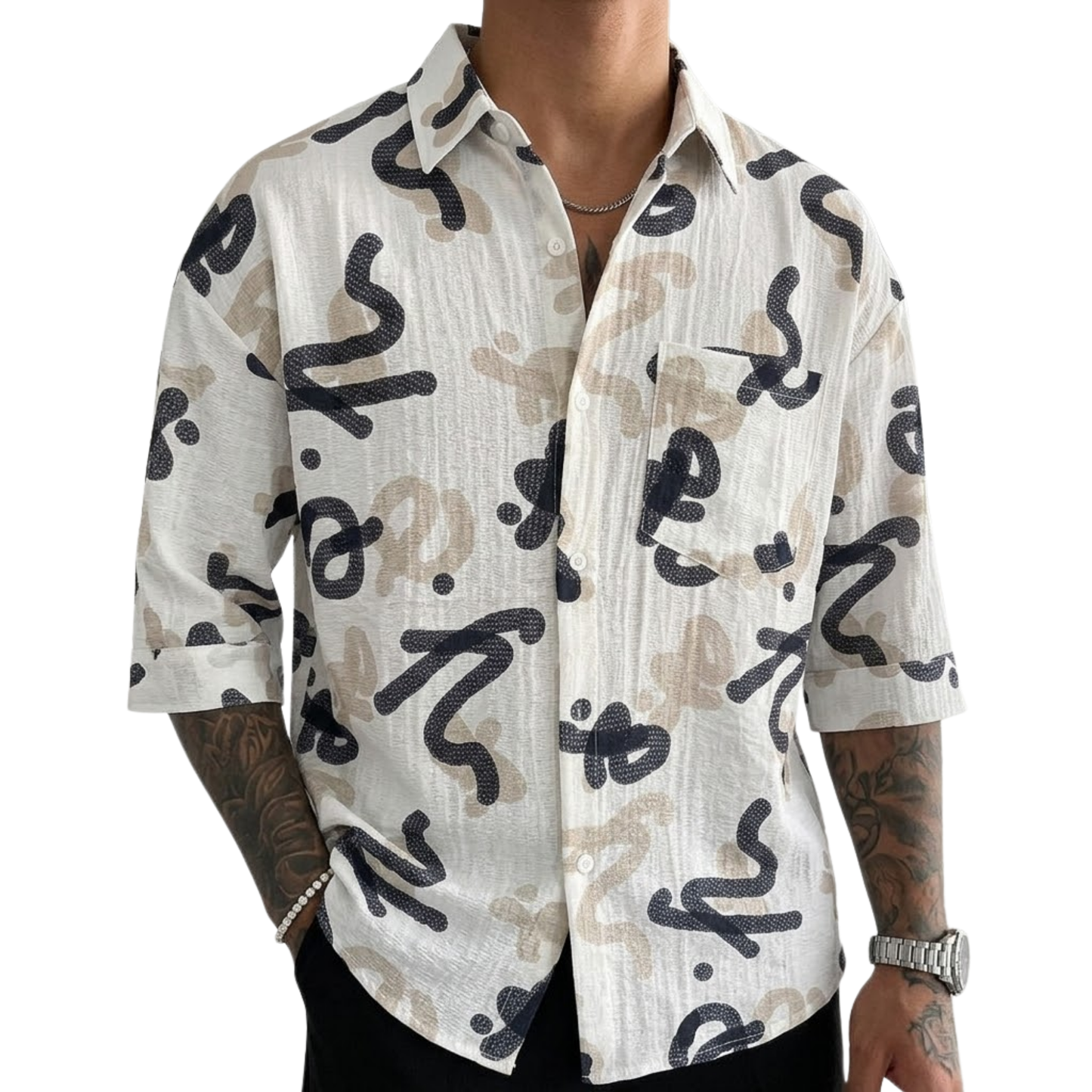 Men's Oversized Abstract Doodle Print Button-Up Shirt