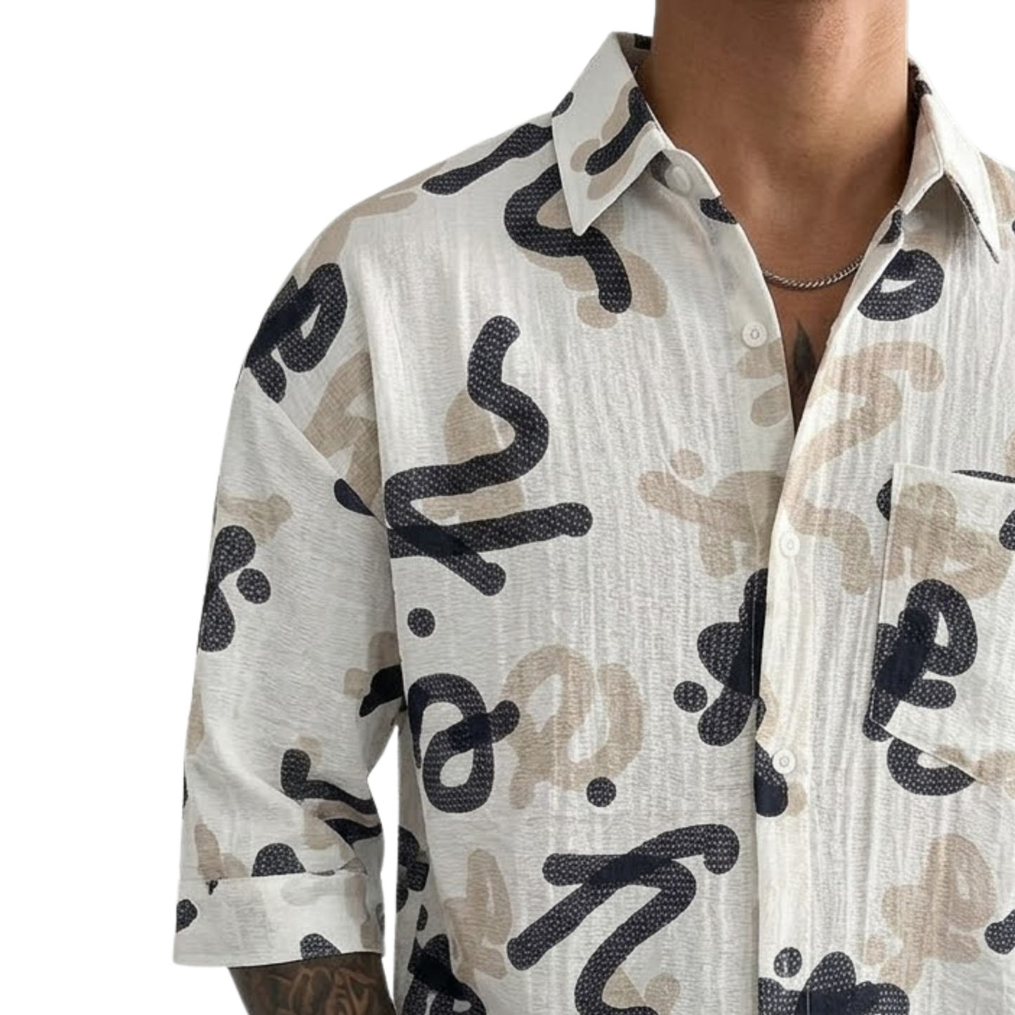 Men's Oversized Abstract Doodle Print Button-Up Shirt