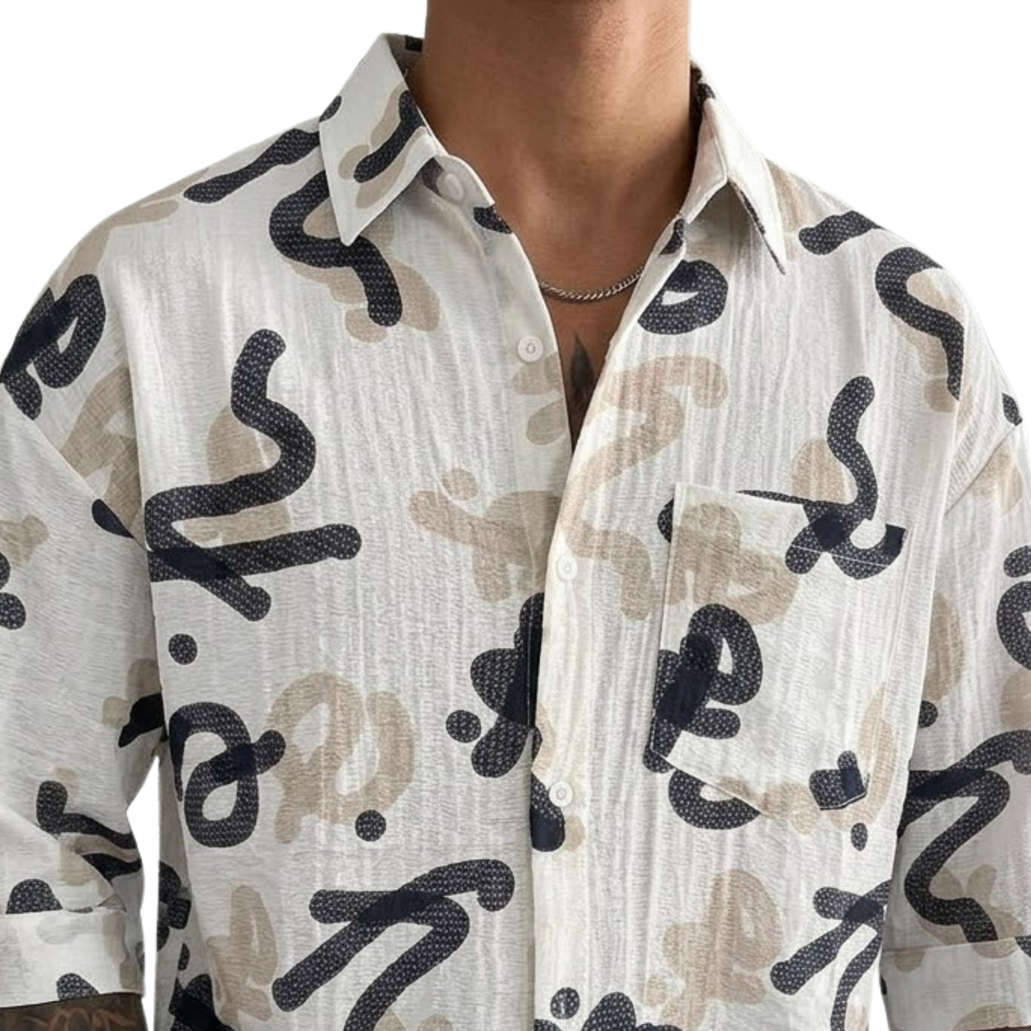 Men's Oversized Abstract Doodle Print Button-Up Shirt