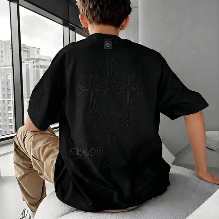 EMBOSED PATTERN Round Neck Cotton Oversized T-shirt