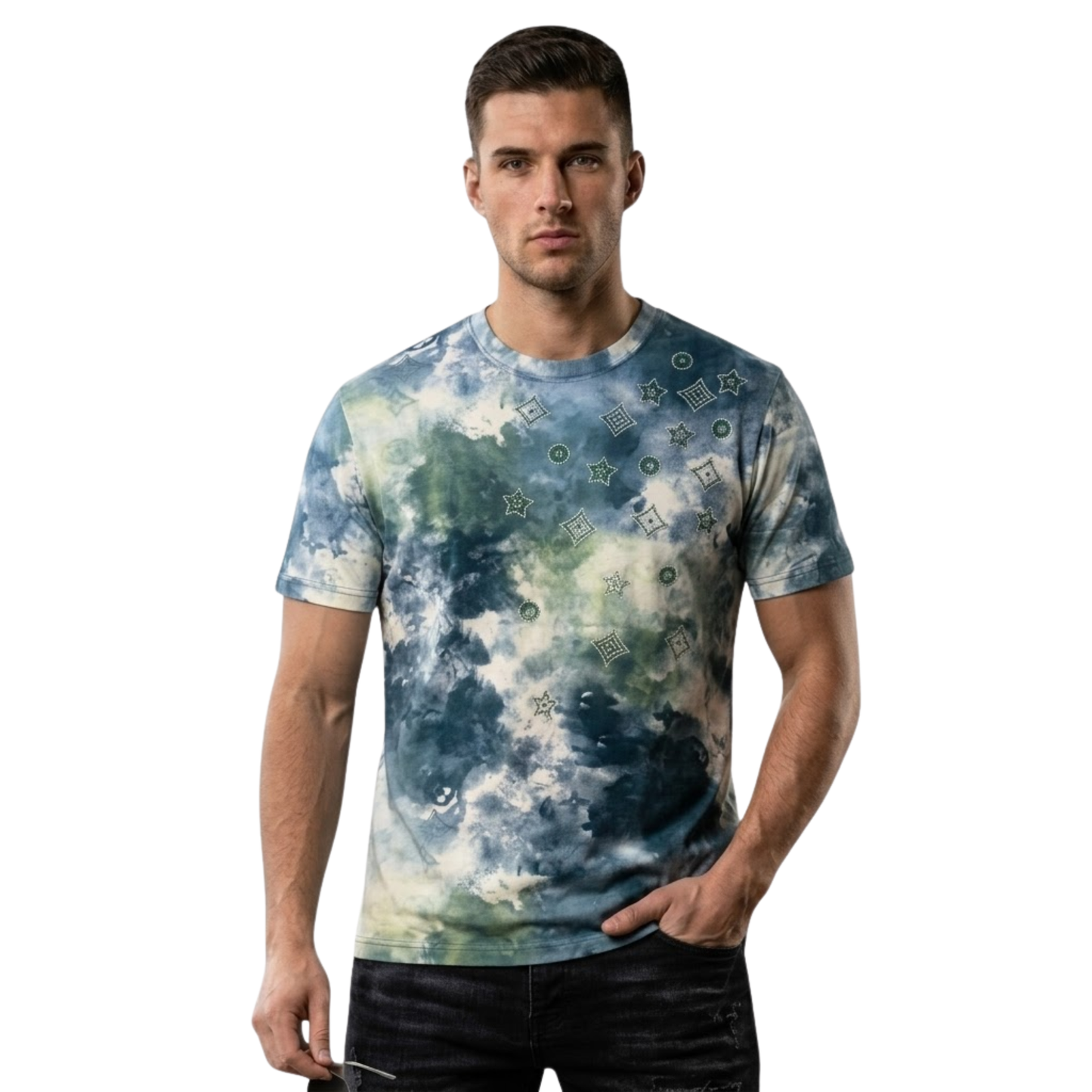 Smoke & Stars Allover Dark Galaxy Star Print Rhinestone  Graphic T-Shirt