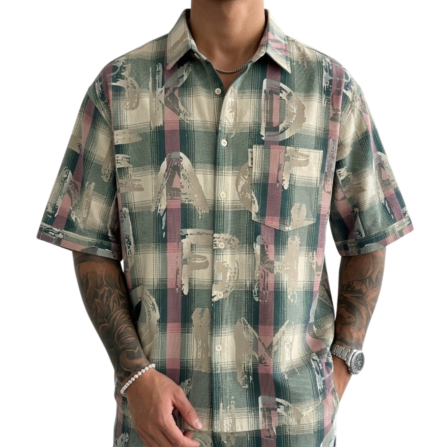 Men's Abstract Geometric Triangle Print Casual Shirt Monochrome Watercolor Line-Art Short Sleeve Shirt