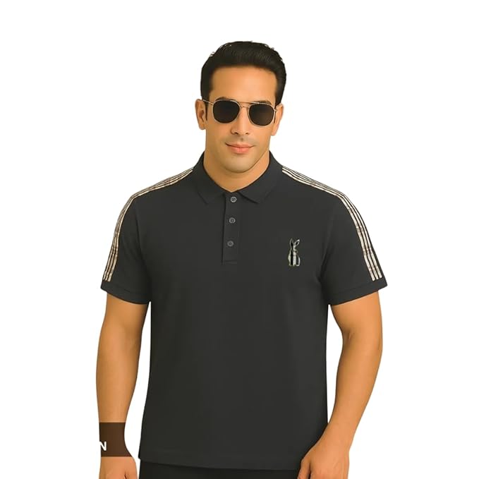 Men's Premium Pure Cotton Black Polo T-Shirt with Bunny Patch _POLO T SHIRT 9303