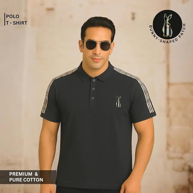 Men's Premium Pure Cotton Black Polo T-Shirt with Bunny Patch _POLO T SHIRT 9303