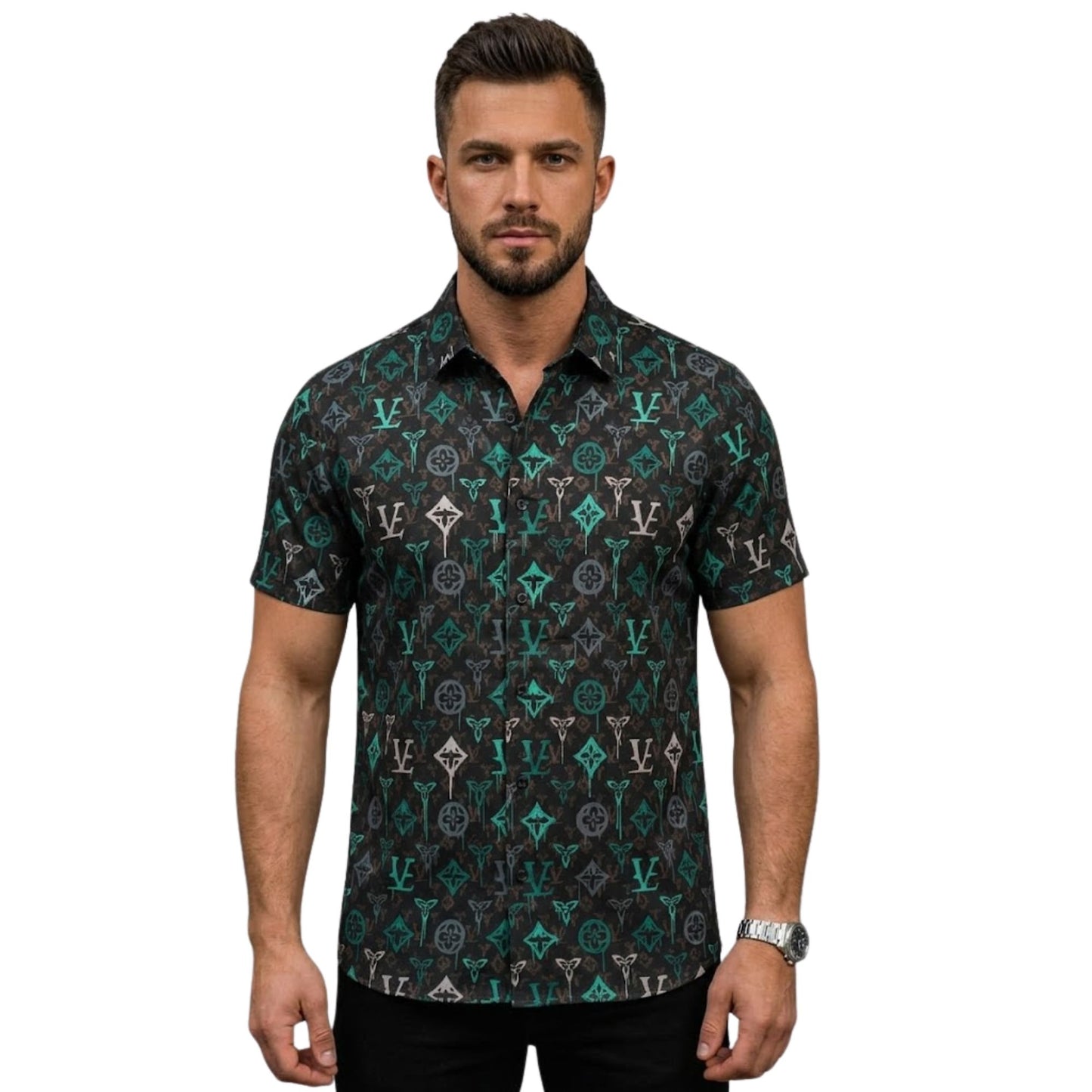 Men's Short Sleeve Shirt,Graphic Print, Casual Style, Regular Fit, Button-Down Collar