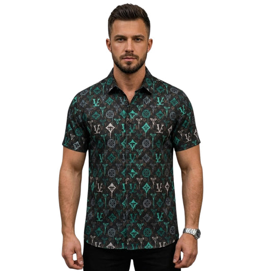 Men's Short Sleeve Shirt,Graphic Print, Casual Style, Regular Fit, Button-Down Collar