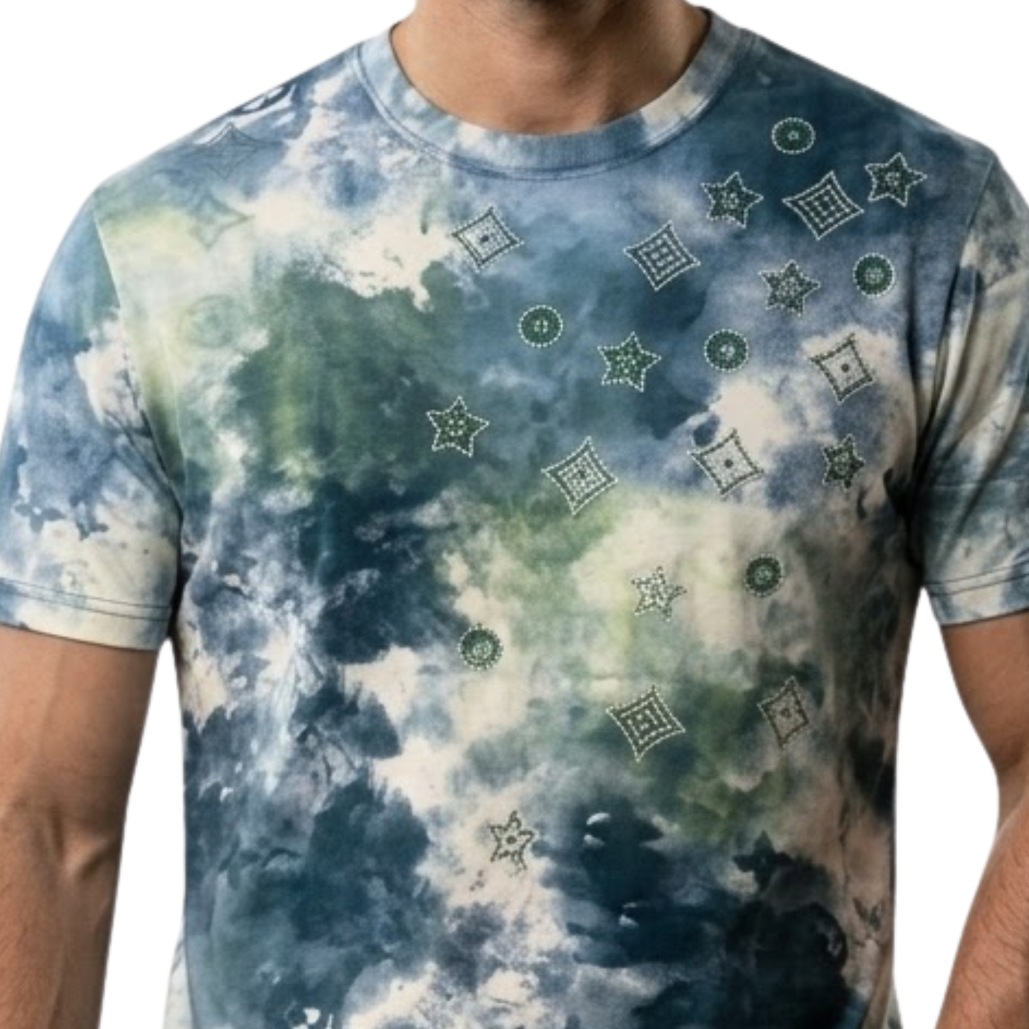 Smoke & Stars Allover Dark Galaxy Star Print Rhinestone  Graphic T-Shirt