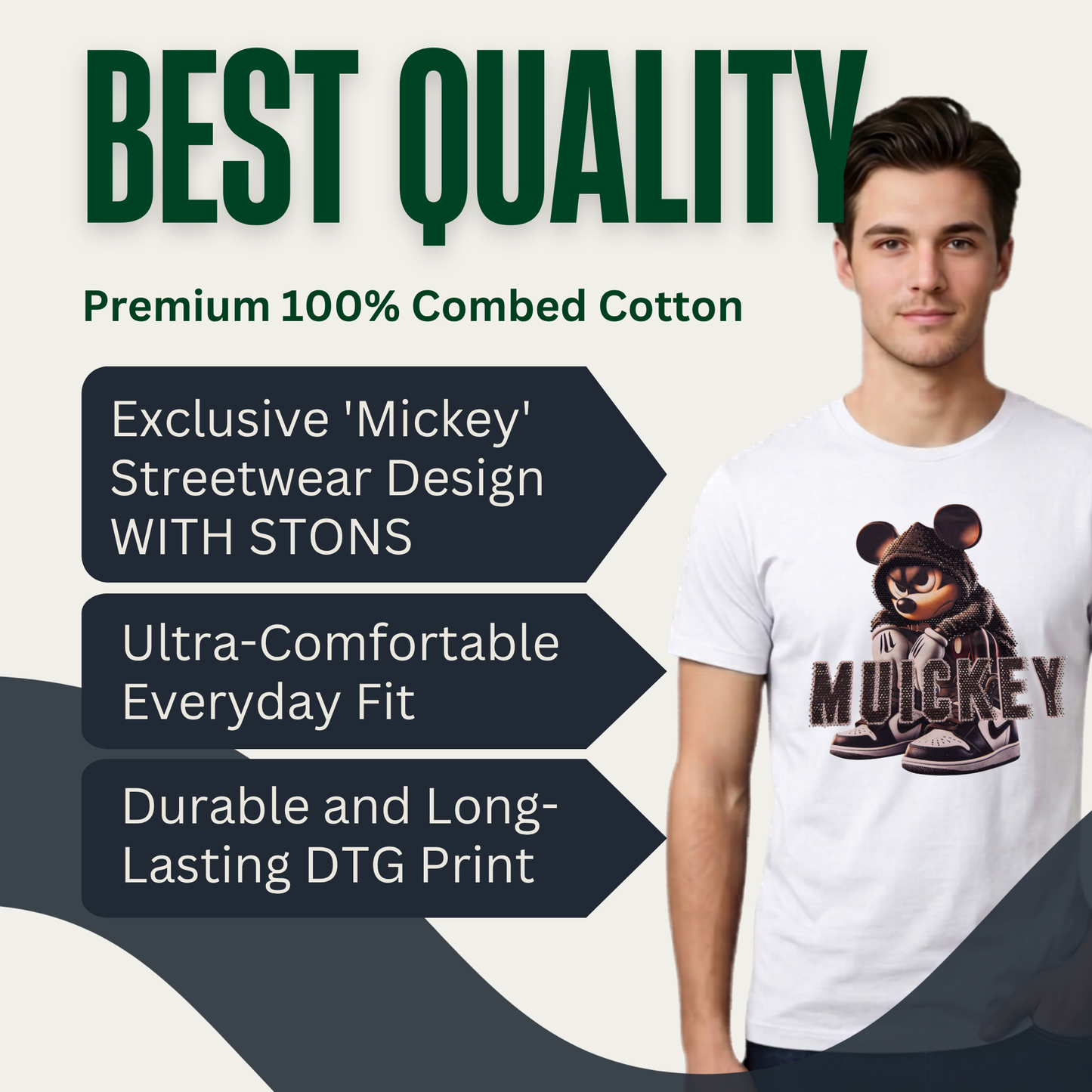 Muickey Rhinestone Graphic Print Cotton T-Shirt, White, Round Neck, Short Sleeve, Oversized Fit for Women