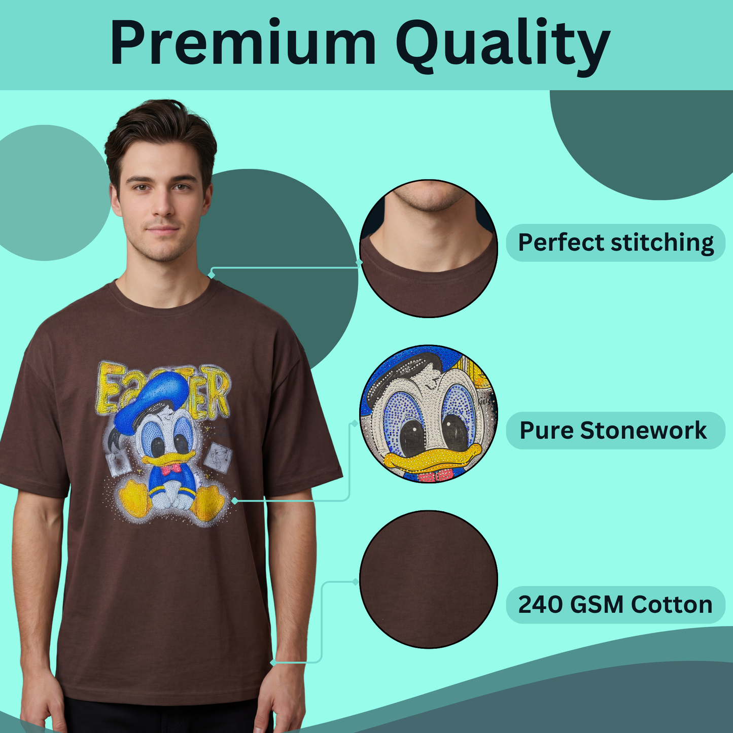 Rhinestone Graphic Cotton T-Shirt, Brown, Round Neck, Cartoon Print, Oversized Fit, Unisex