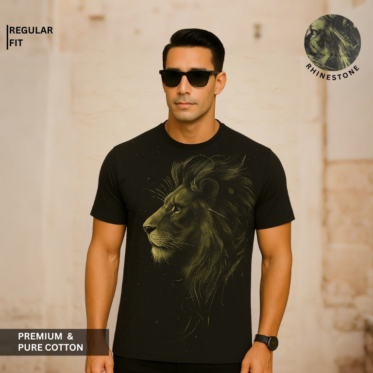 Black Premium 100% Cotton Animal Siroski T-Shirt For Men