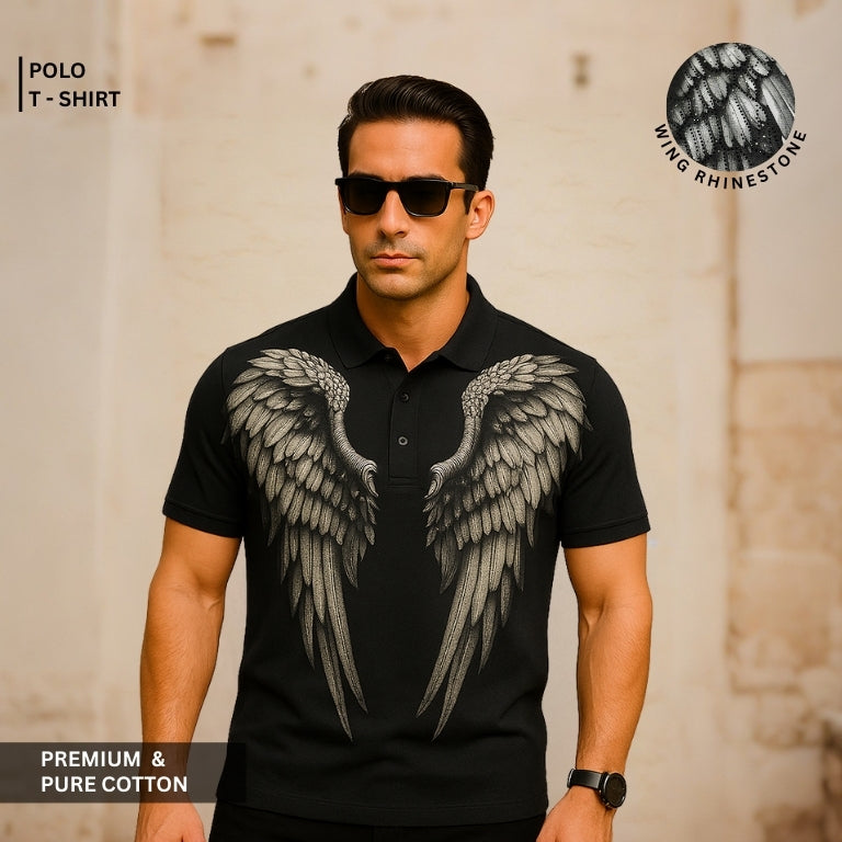 Premium 100% Cotton Men’s Premium Angel Wing Rhinestone Graphic White Cotton T-Shirt – Regular Fit