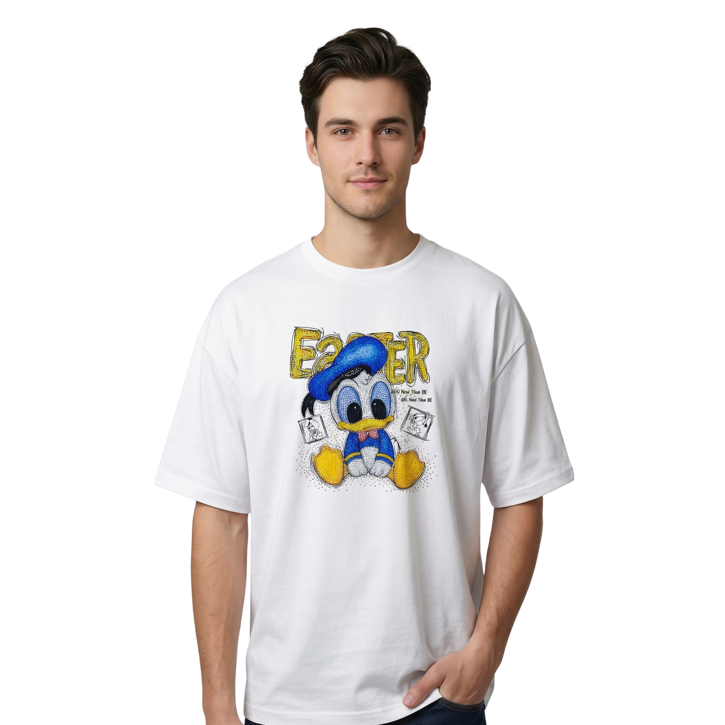 Rhinestone Graphic Cotton T-Shirt, Brown, Round Neck, Cartoon Print, Oversized Fit, Unisex