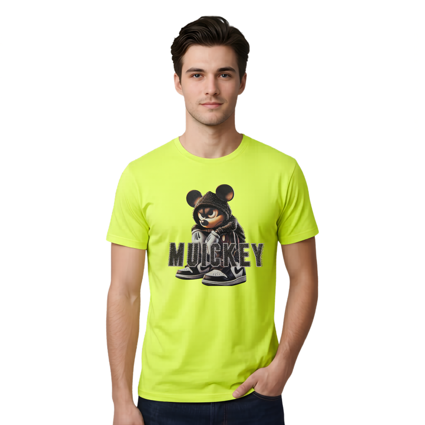 Muickey Rhinestone Graphic Print Cotton T-Shirt, White, Round Neck, Short Sleeve, Oversized Fit for Women