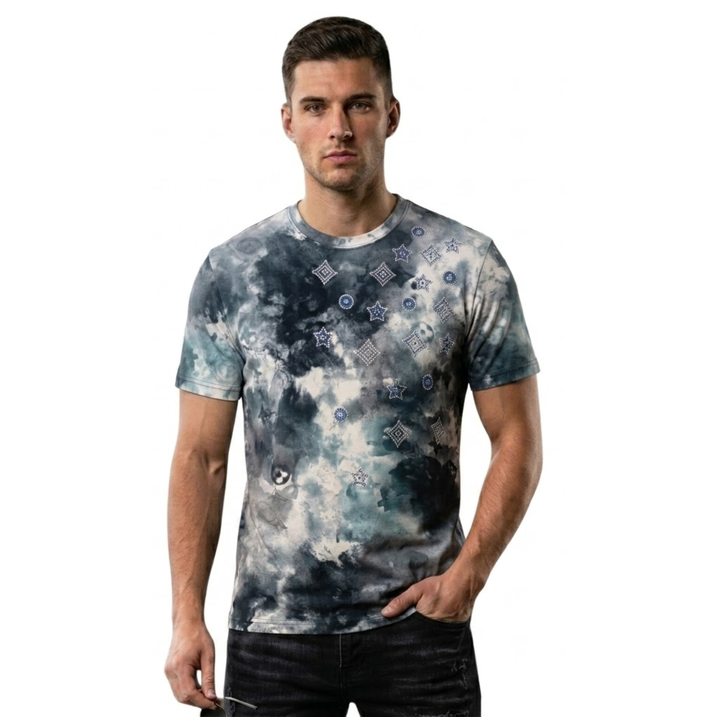 Smoke & Stars Allover Dark Galaxy Star Print Rhinestone  Graphic T-Shirt