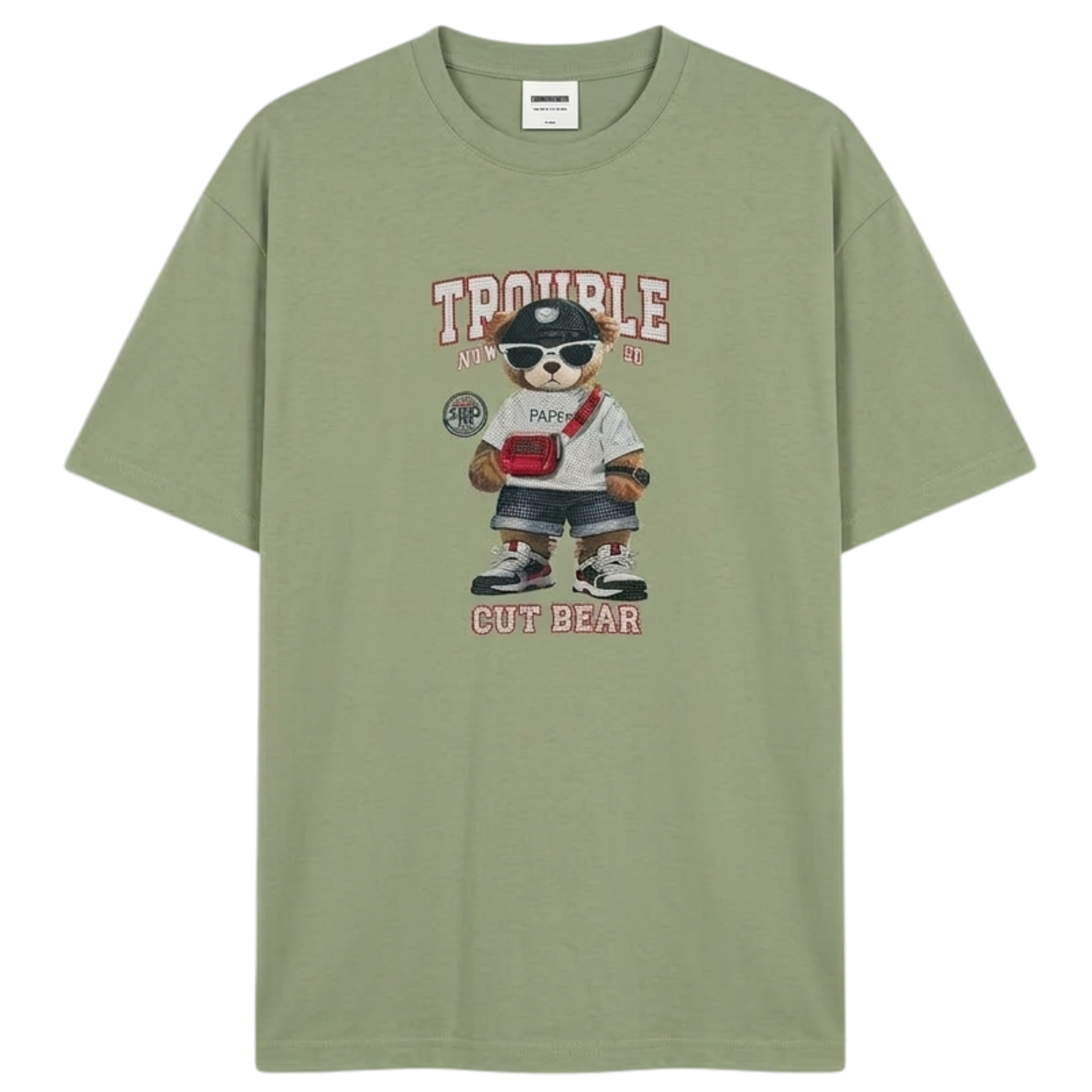Trouble Cut Bear Rhinestone Graphic Print Cotton White Round Neck Short Sleeve T-Shirt for Women and Girls, Oversized Fit