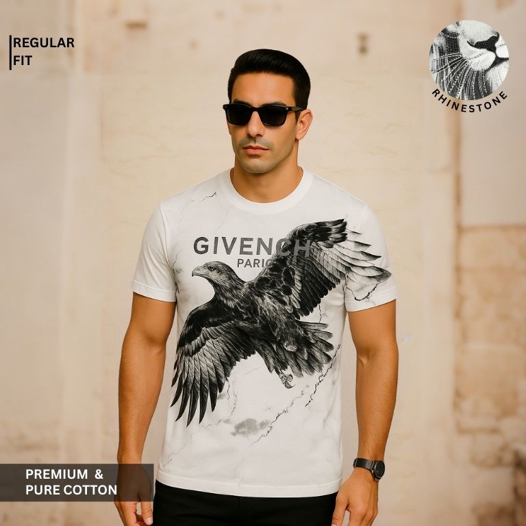 Men’s Premium Eagle Rhinestone Graphic BLACK Cotton T-Shirt – Regular Fit