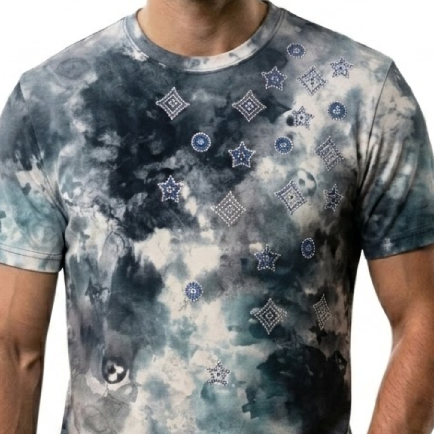 Smoke & Stars Allover Dark Galaxy Star Print Rhinestone  Graphic T-Shirt
