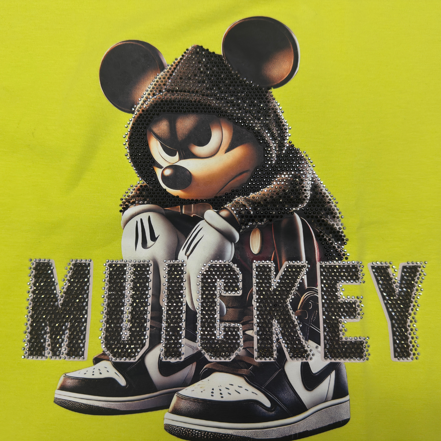 Muickey Rhinestone Graphic Print Cotton T-Shirt, White, Round Neck, Short Sleeve, Oversized Fit for Women