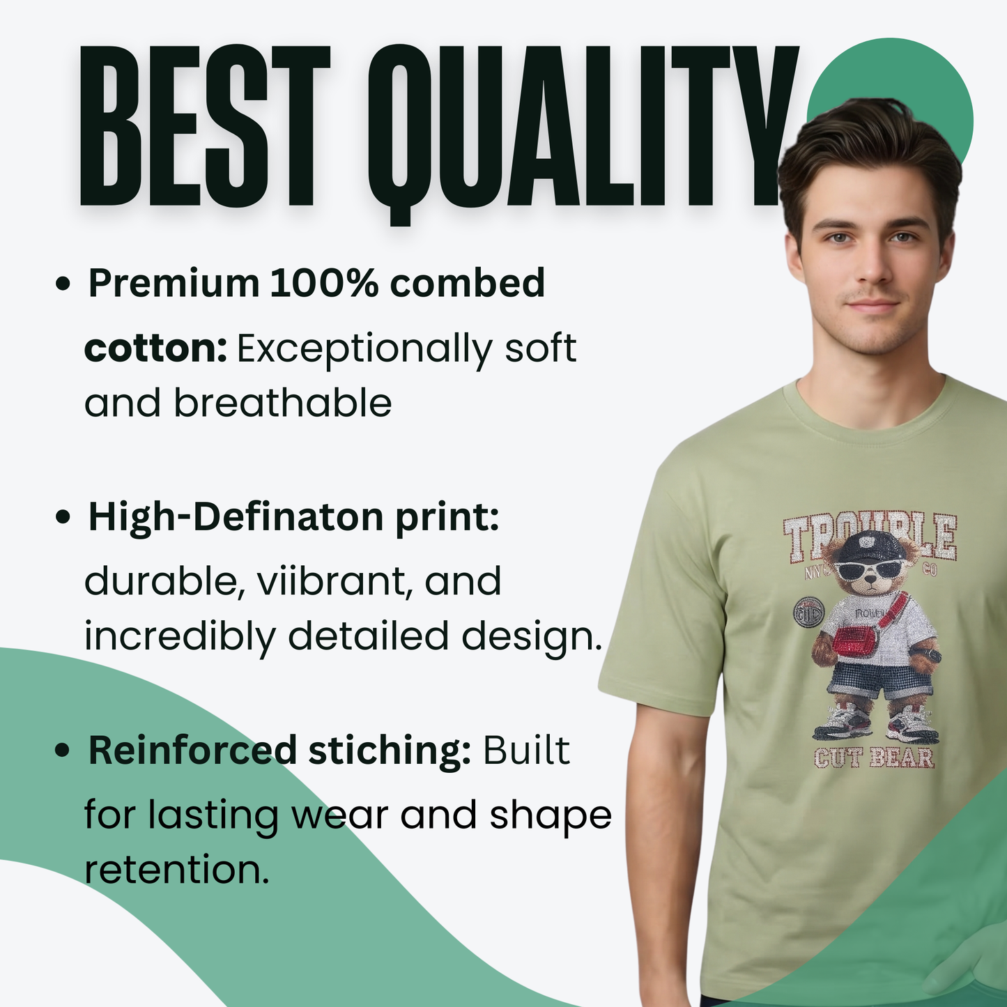 Trouble Cut Bear Rhinestone Graphic Print Cotton White Round Neck Short Sleeve T-Shirt for Women and Girls, Oversized Fit