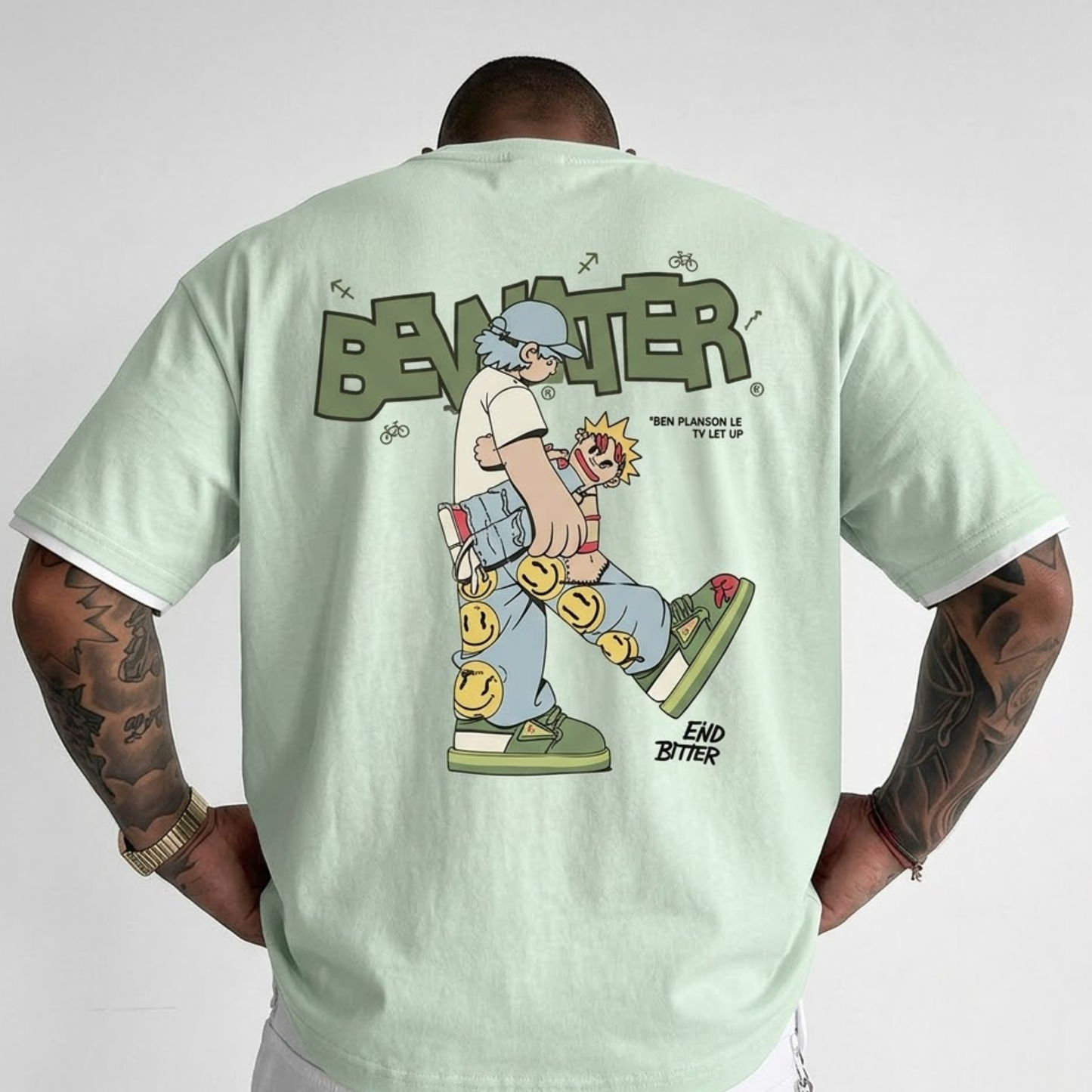 2626 "BANTER" Urban Character Oversized Streetwear Tee Men's  Oversized Graphic T-Shirt with White Layered Sleeves