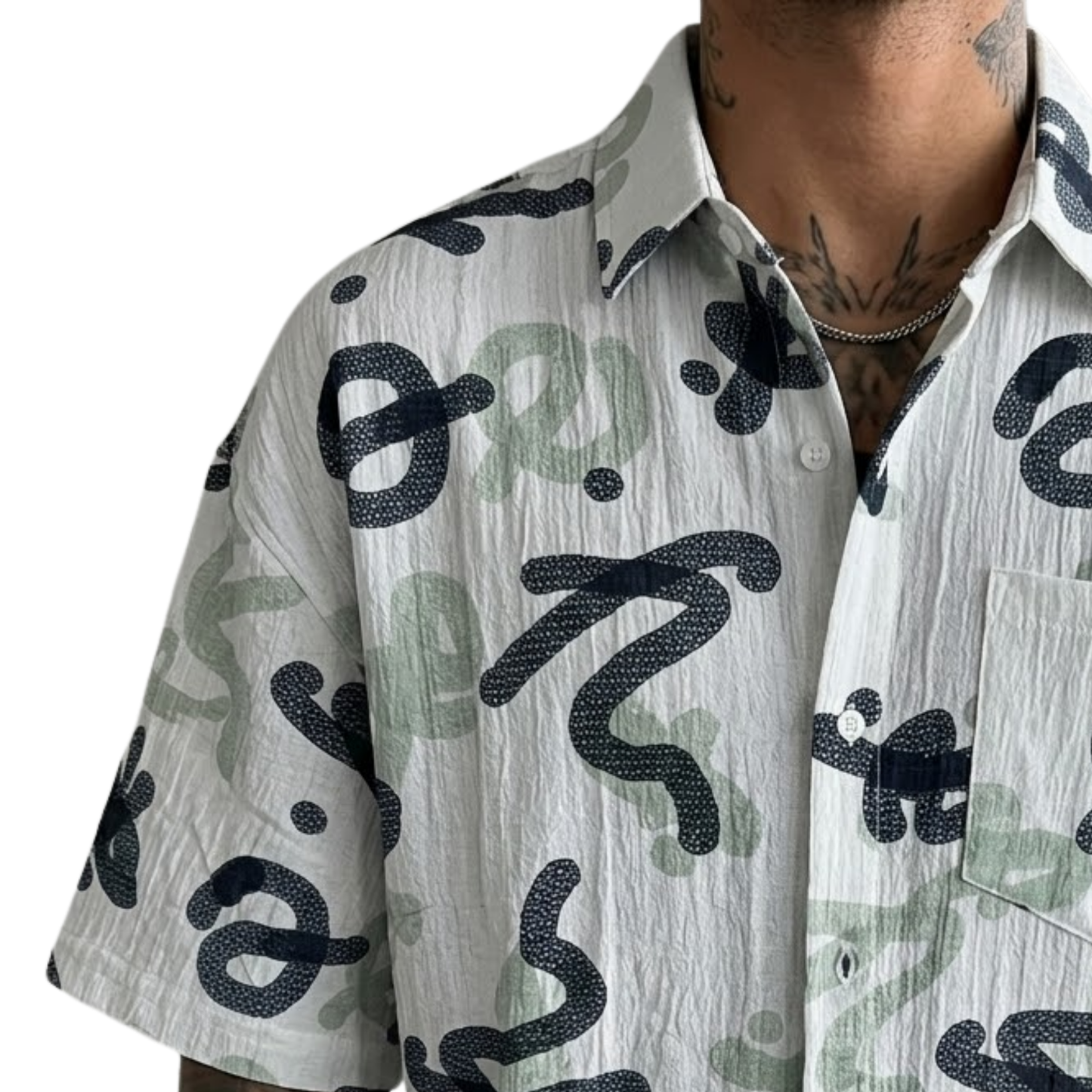 Men's Oversized Abstract Doodle Print Button-Up Shirt