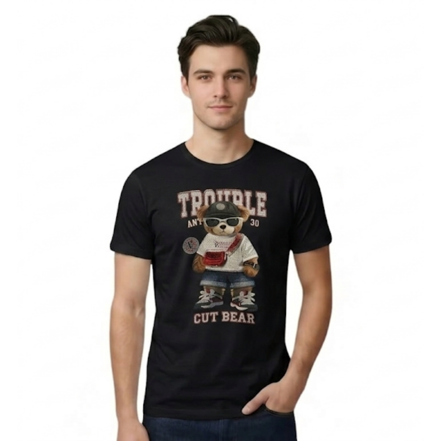 Trouble Cut Bear Rhinestone Graphic Print Cotton White Round Neck Short Sleeve T-Shirt for Women and Girls, Oversized Fit