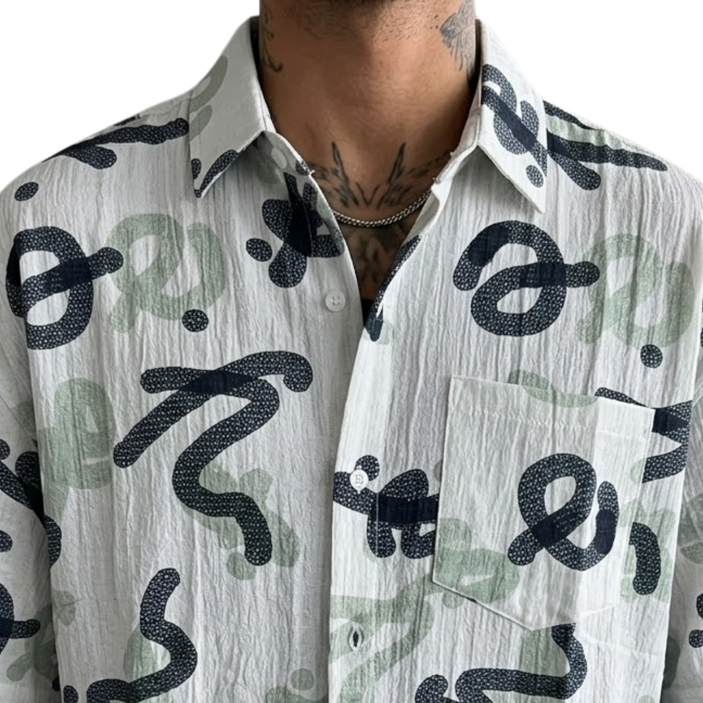 Men's Oversized Abstract Doodle Print Button-Up Shirt