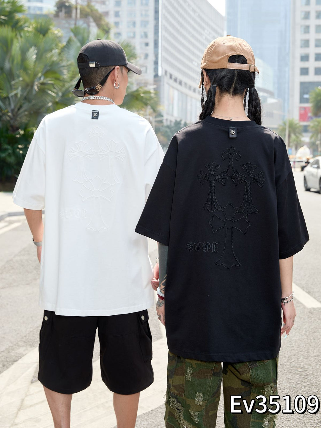 EMBOSED PATTERN Round Neck Cotton Oversized T-shirt