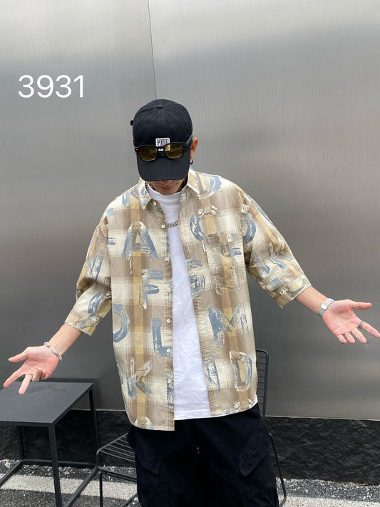 Men's Abstract Geometric Triangle Print Casual Shirt Monochrome Watercolor Line-Art Short Sleeve Shirt