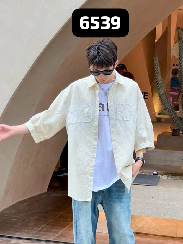 Men's Oversized DENIM DESIGNER SHIRT Button-Down Shirt, White, Raw-Edge Alphabet Patch, Half Sleeves, Casual Style