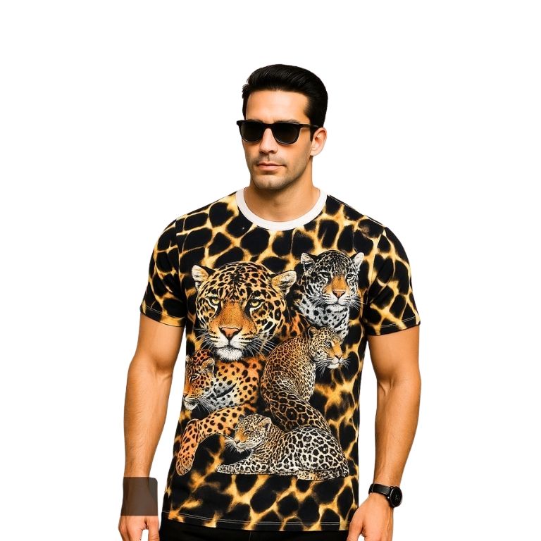 Men's Cotton T-Shirt, Leopard Rhinestone Graphic Animal Print, Regular Fit, Crew Neck, Summer Wear