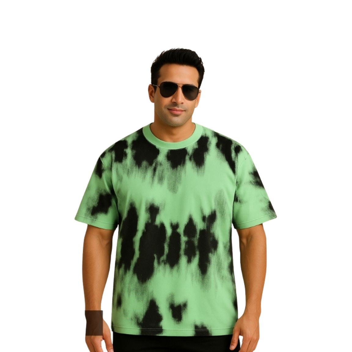 Men's Oversized Tie Dye T-Shirt - Streetwear Mint Green & Black Graphic Tee - Relaxed Fit Cotton Crew Neck Casual Summer Shirt