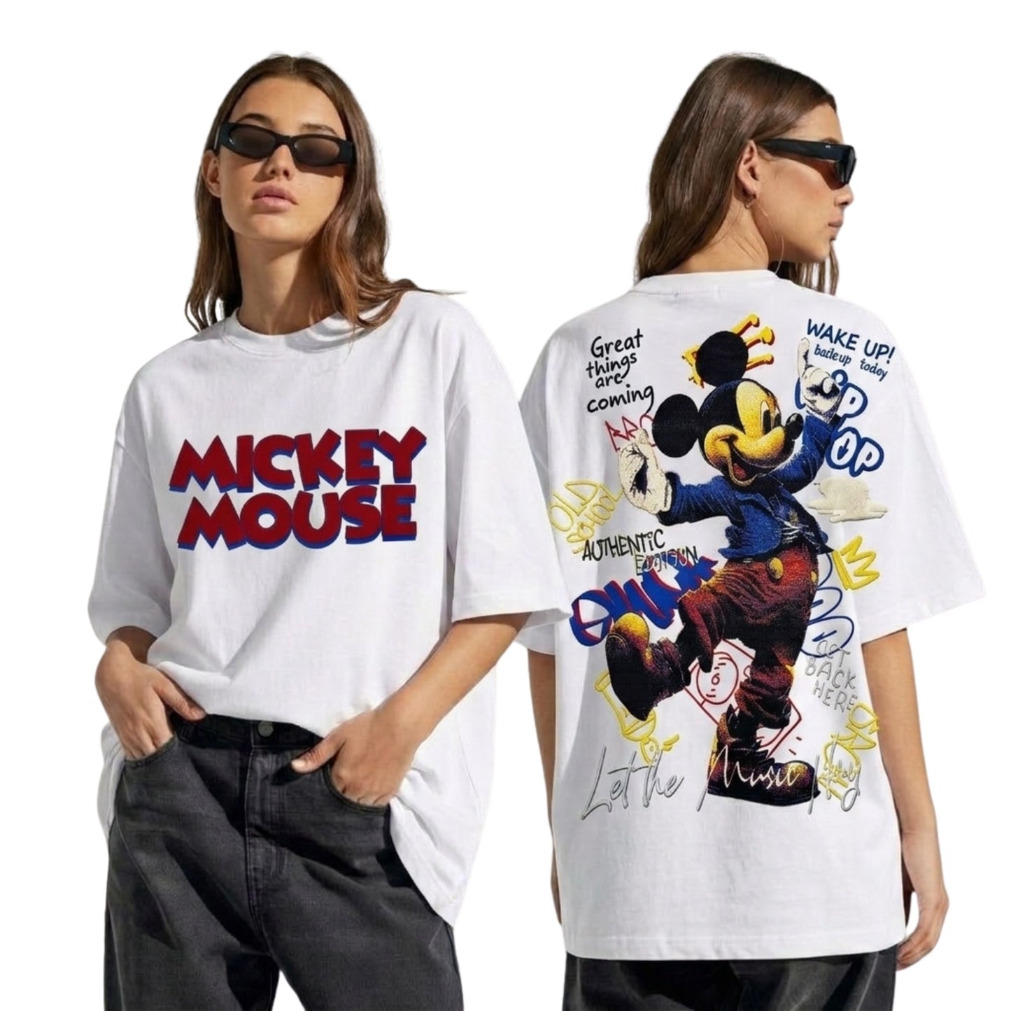 Micckey Mouse Women's Oversized Cotton T-Shirt, White, Round Neck, Half Sleeve, Graphic Print