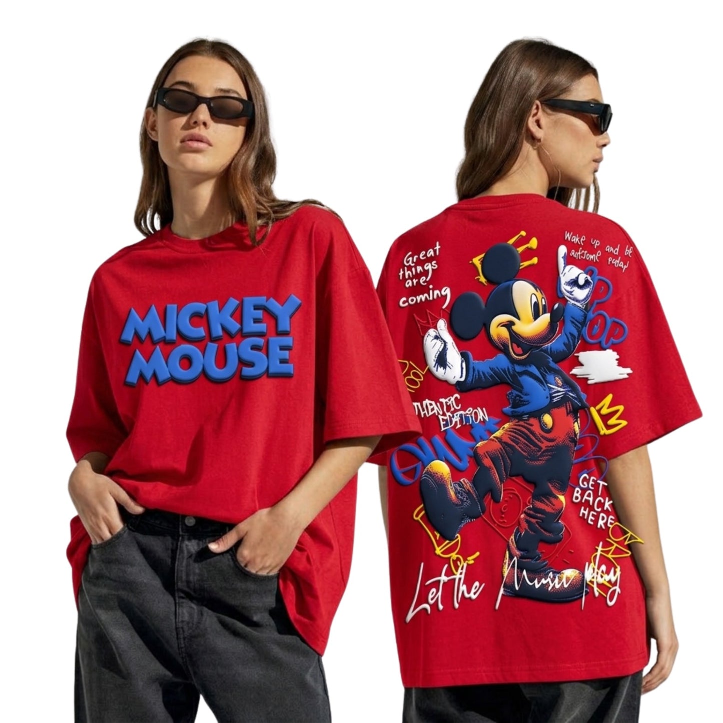 Micckey Mouse Women's Oversized Cotton T-Shirt, White, Round Neck, Half Sleeve, Graphic Print