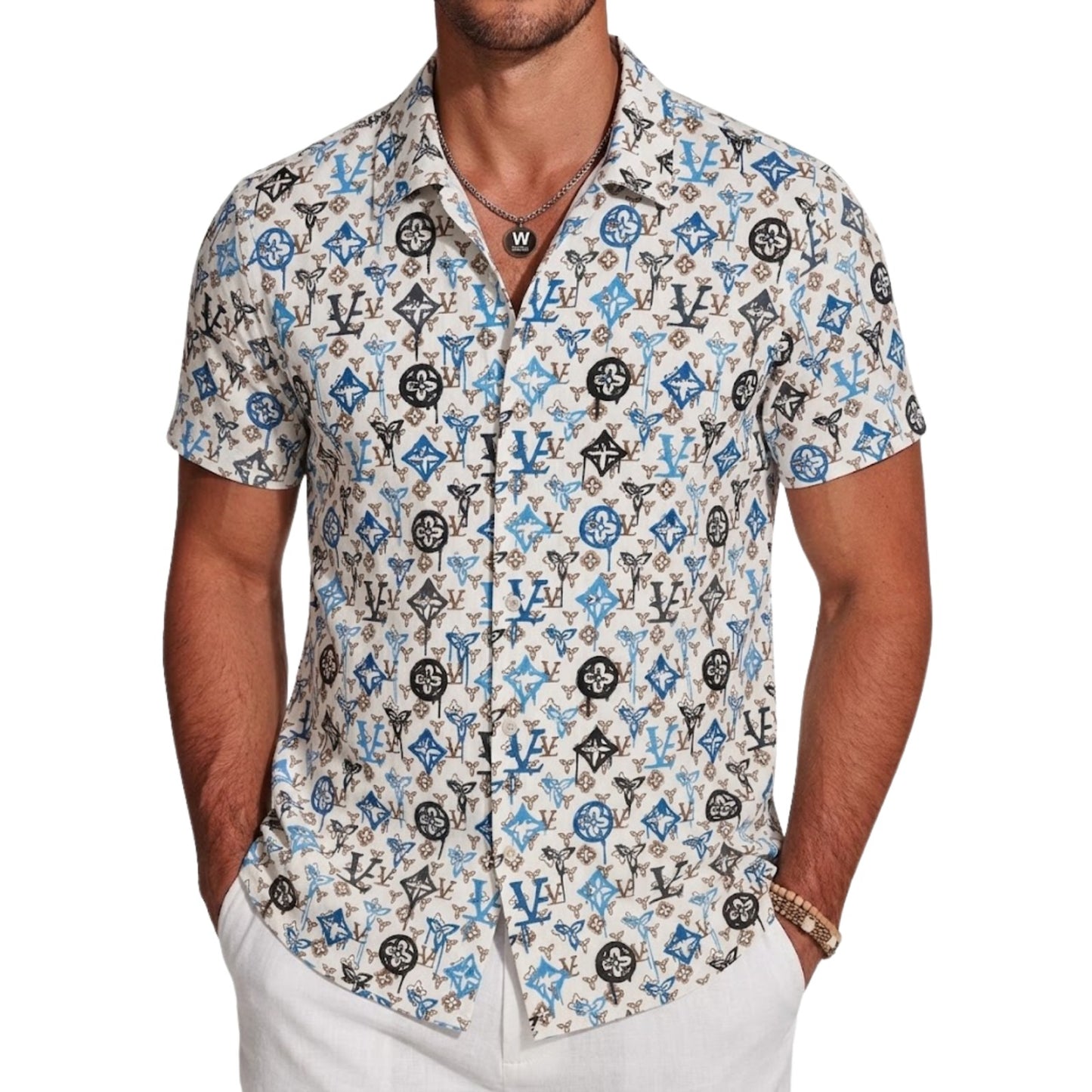 Luxury Designer Inspired Geometric Pattern Short Sleeve Button-Down