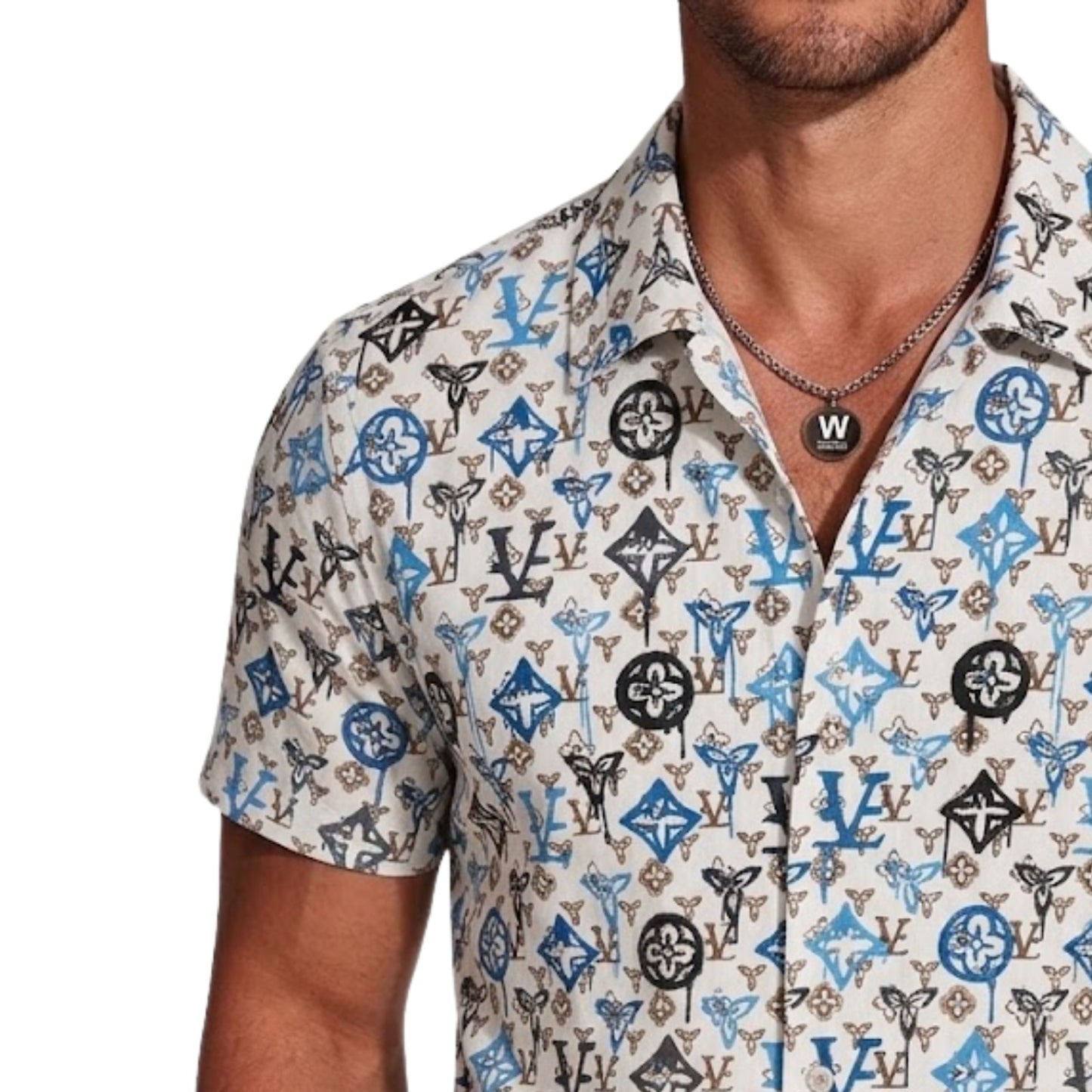 Luxury Designer Inspired Geometric Pattern Short Sleeve Button-Down