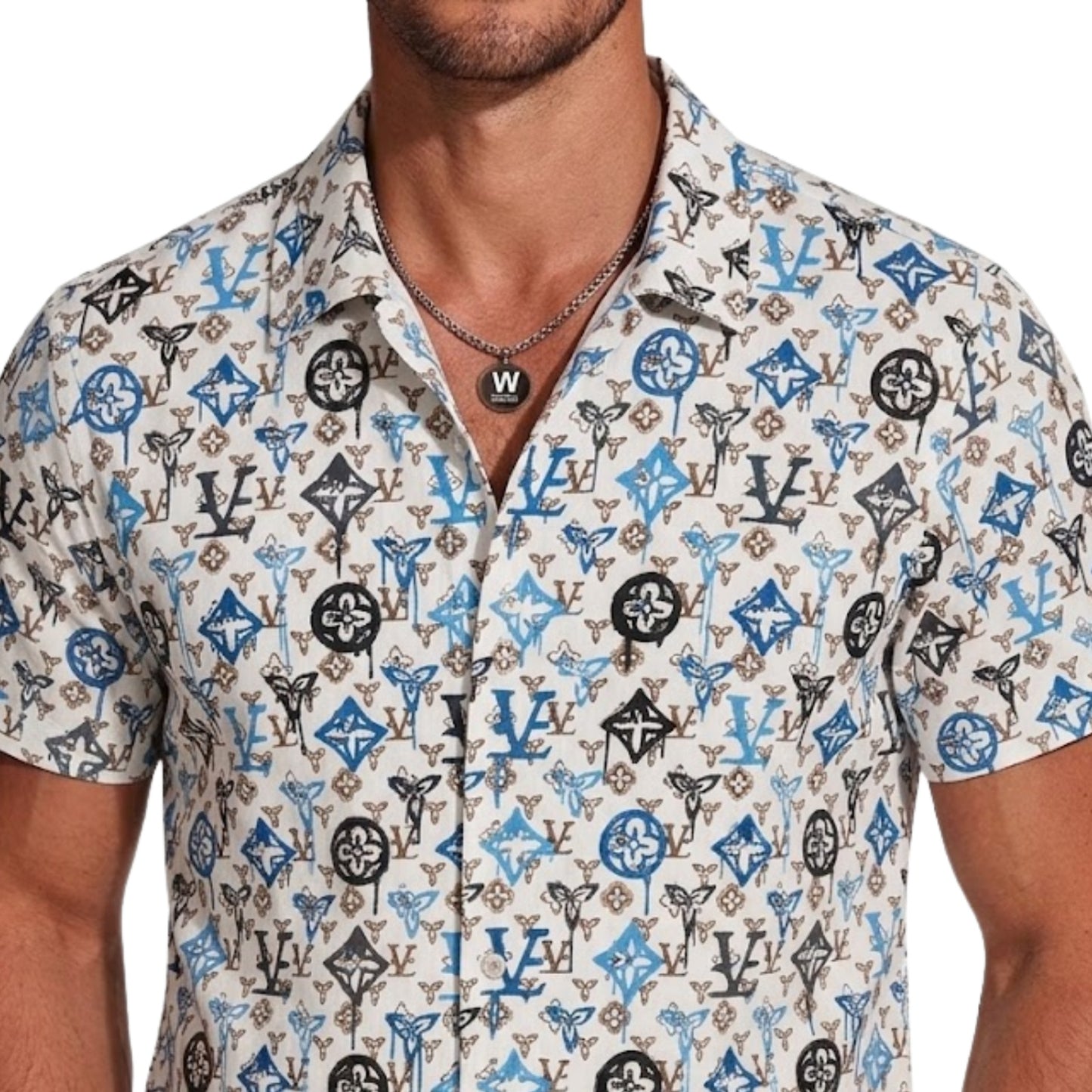 Luxury Designer Inspired Geometric Pattern Short Sleeve Button-Down