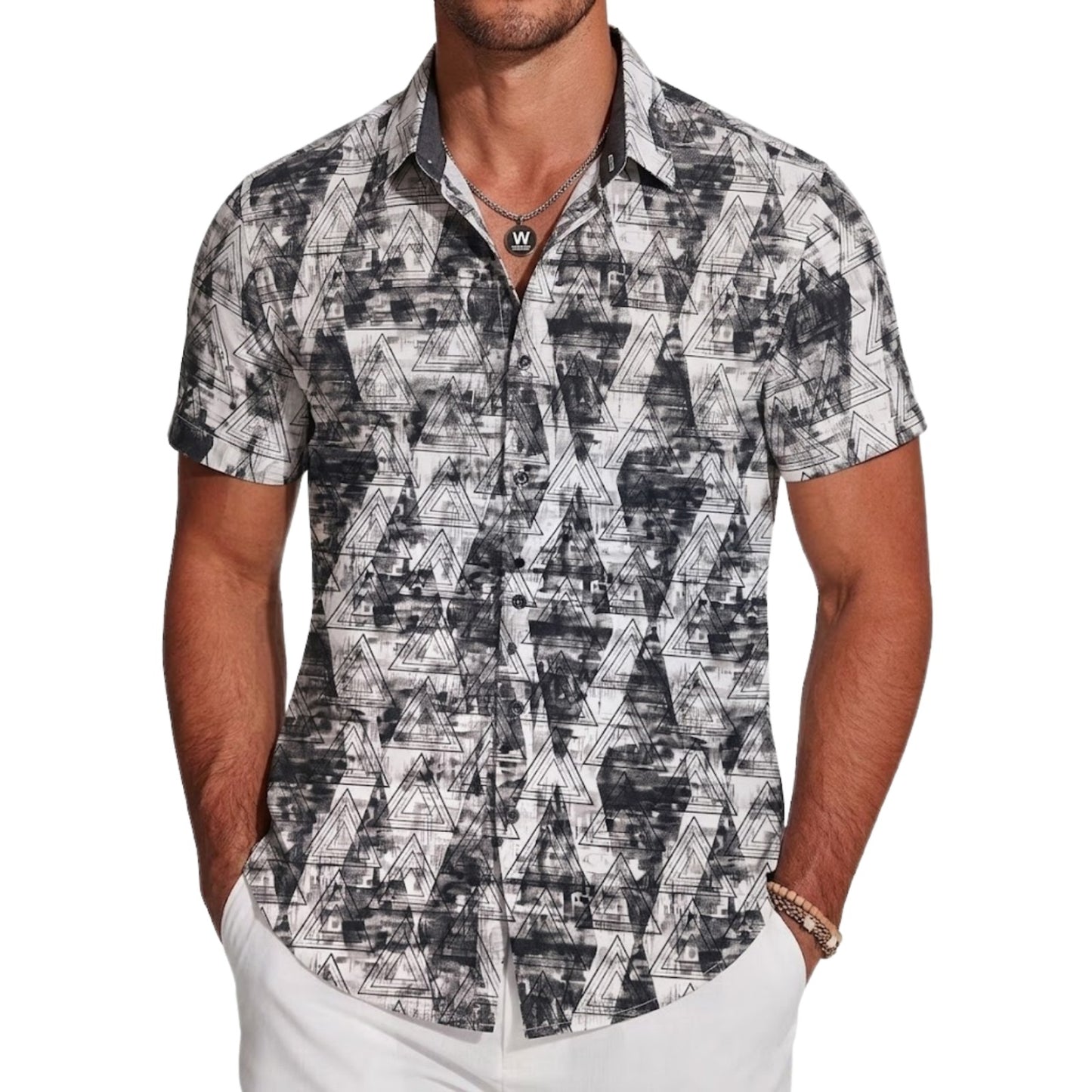 Men's Japanese Printed Short Sleeve Shirt, Diagonal Stripe Pattern, Button-Down Collar, Casual Style
