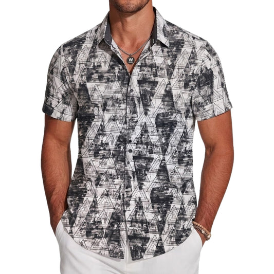 Men's Japanese Printed Short Sleeve Shirt, Diagonal Stripe Pattern, Button-Down Collar, Casual Style