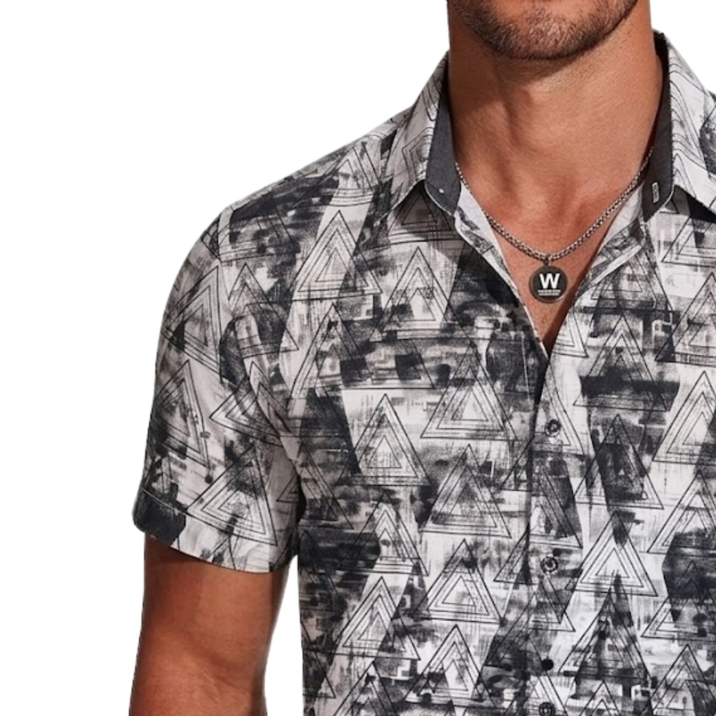 Men's Japanese Printed Short Sleeve Shirt, Diagonal Stripe Pattern, Button-Down Collar, Casual Style