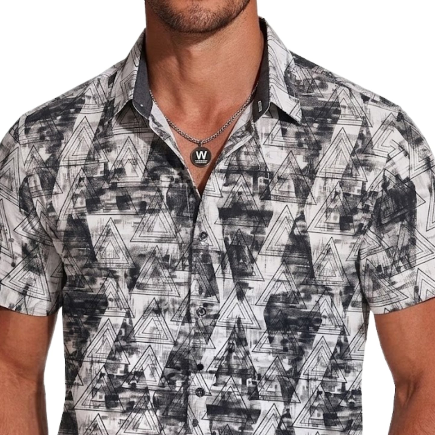 Men's Japanese Printed Short Sleeve Shirt, Diagonal Stripe Pattern, Button-Down Collar, Casual Style