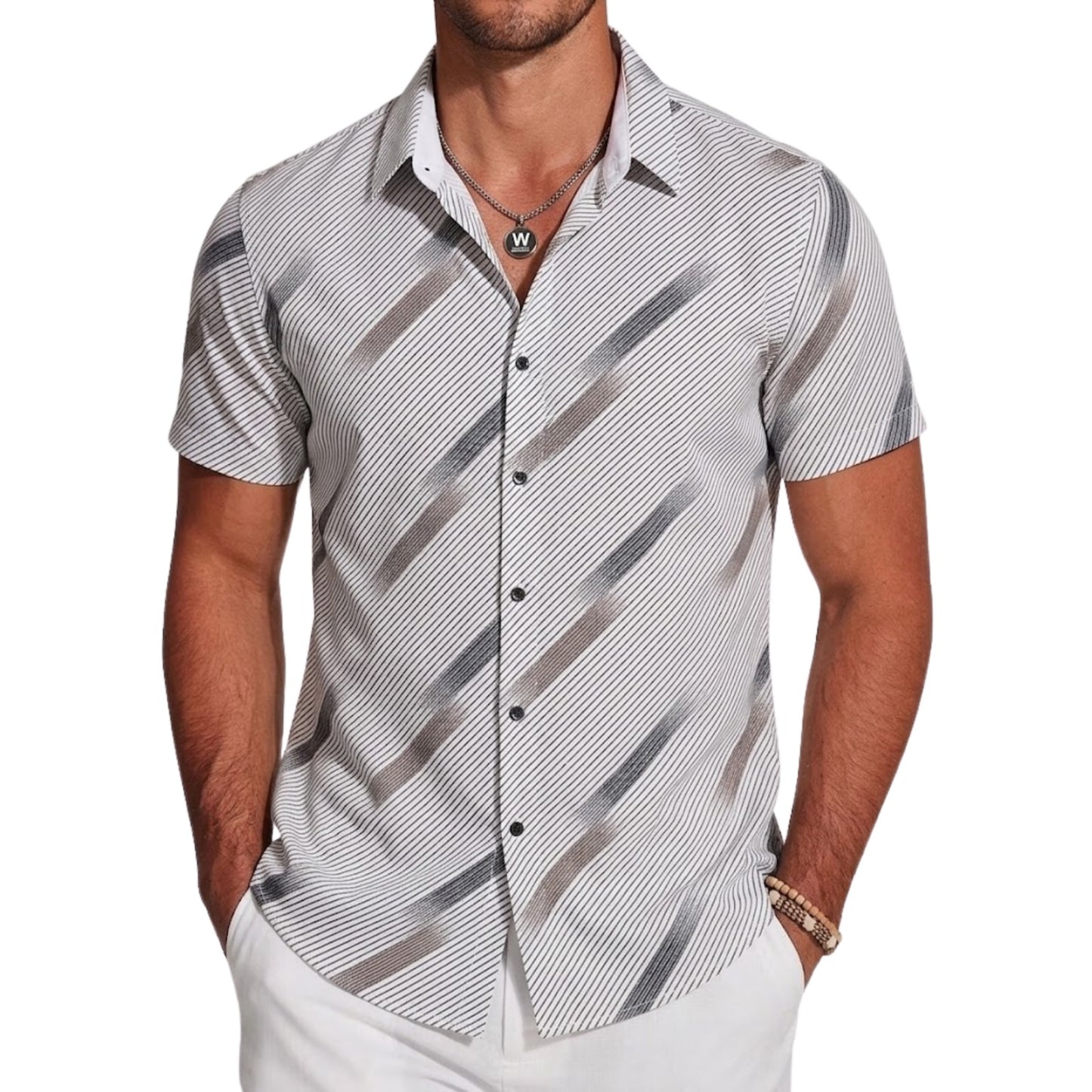 Signature Series: Men's High-End Textured Stripe Casual Shirt Short Sleeve Button-Down
