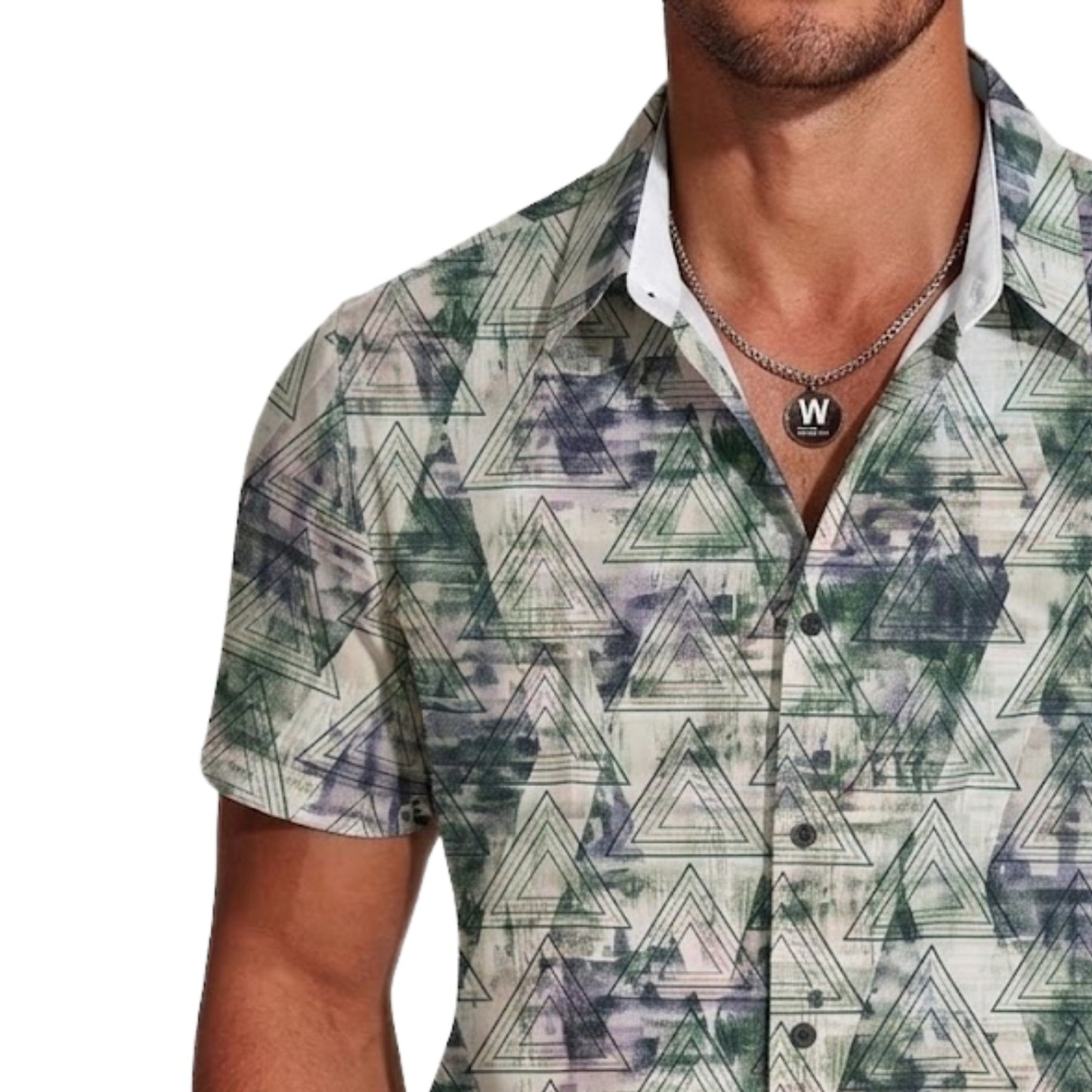 Men's Japanese Printed Short Sleeve Shirt, Diagonal Stripe Pattern, Button-Down Collar, Casual Style