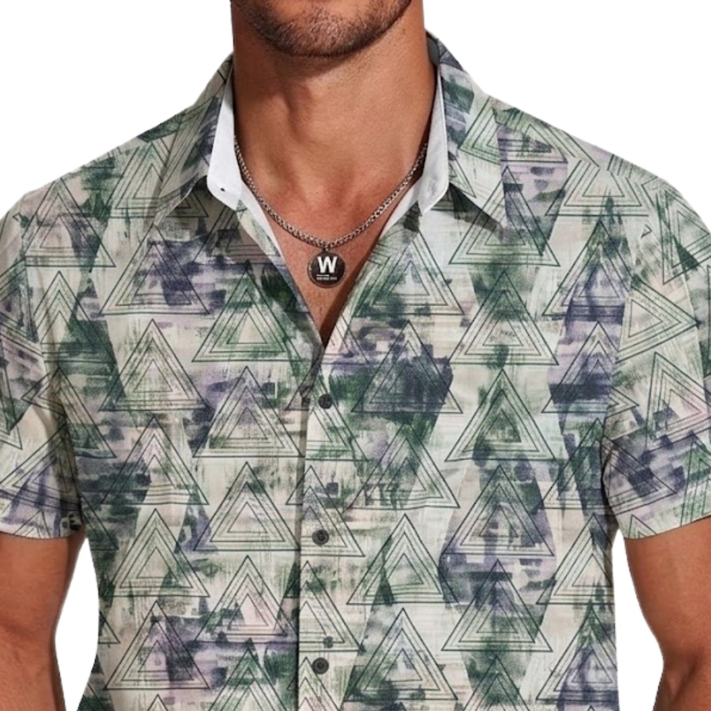 Men's Japanese Printed Short Sleeve Shirt, Diagonal Stripe Pattern, Button-Down Collar, Casual Style