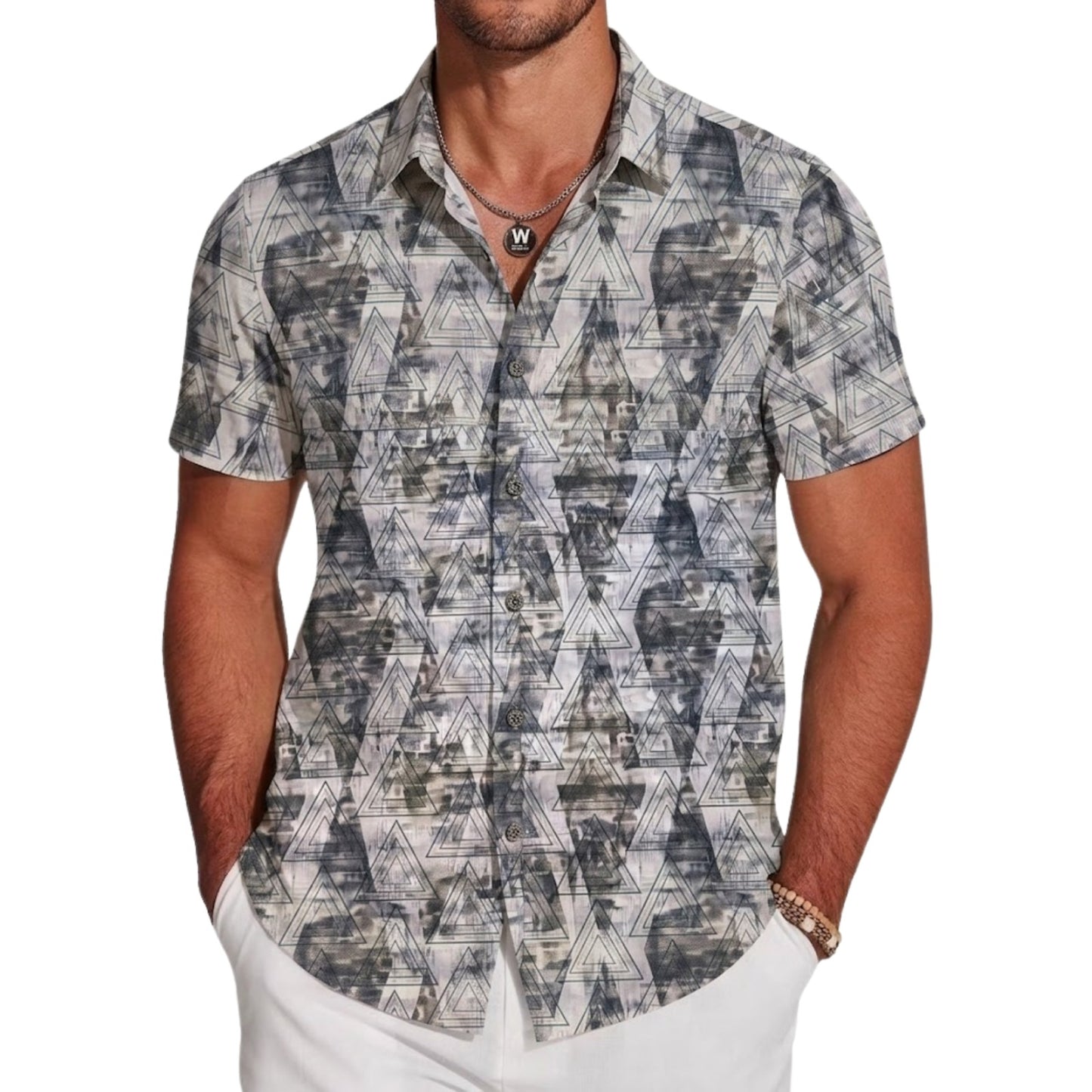 Men's Japanese Printed Short Sleeve Shirt, Diagonal Stripe Pattern, Button-Down Collar, Casual Style