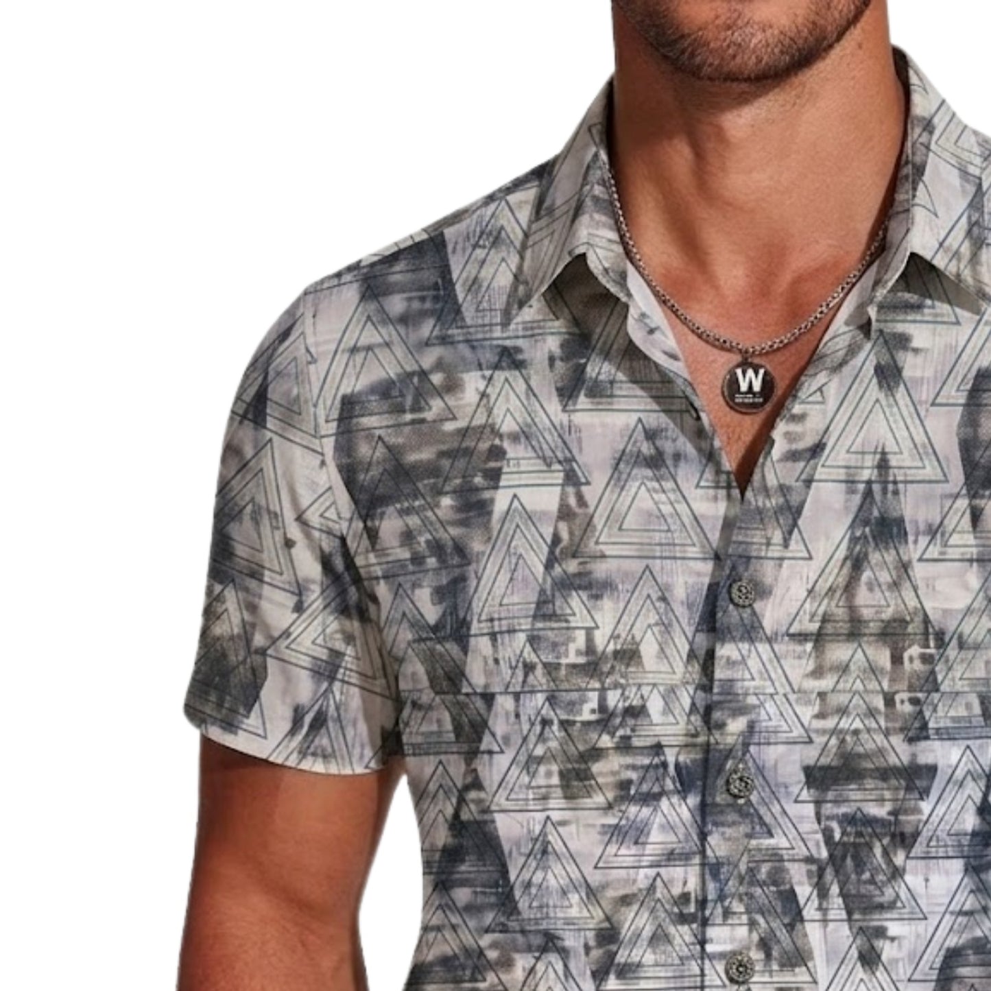 Men's Japanese Printed Short Sleeve Shirt, Diagonal Stripe Pattern, Button-Down Collar, Casual Style