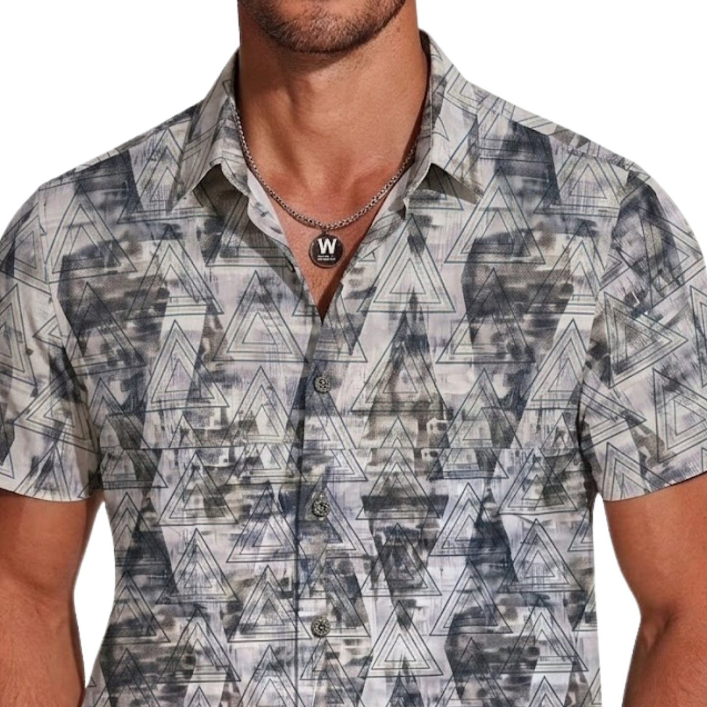 Men's Japanese Printed Short Sleeve Shirt, Diagonal Stripe Pattern, Button-Down Collar, Casual Style