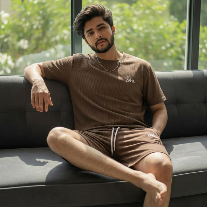 Relaxed Fit Ribbed T-Shirt &amp; Shorts Set Cotton Cord Set