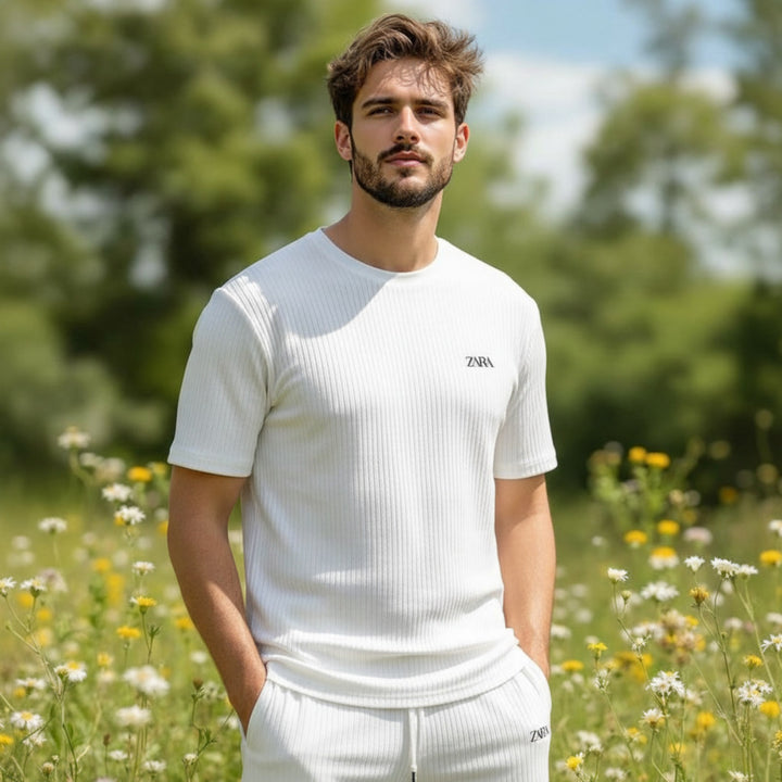 Relaxed Fit Ribbed T-Shirt &amp; Shorts Set Cotton Cord Set